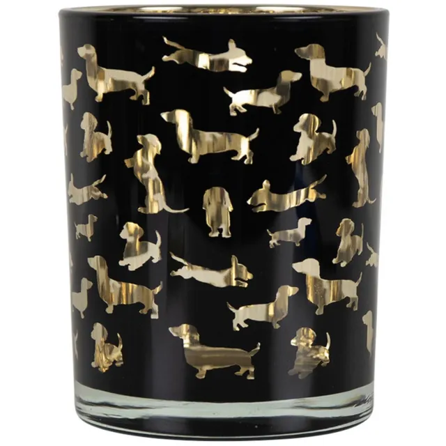 Mars & More Teckel waxinelichthouder - glas zwart en goud - 18 cm zwart, goud