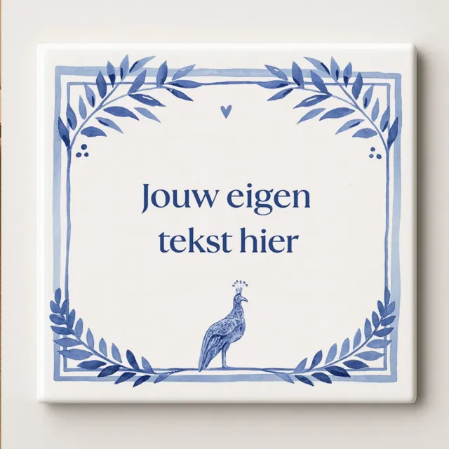 Bedruk King *Gepersonaliseerde Tekst Keramische Tegel met Blauwe Bloemenrand & Pauw Design – Custom Quote Wanddecoratie Cadeau, 15 x 15 cm Wit