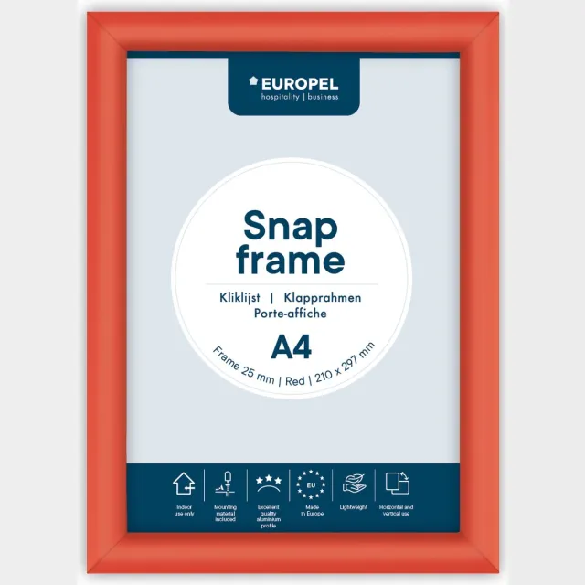 Europel Kliklijst – Posterlijst – A4 – 21 x 29,7 cm – 25mm – Aluminium – Rood