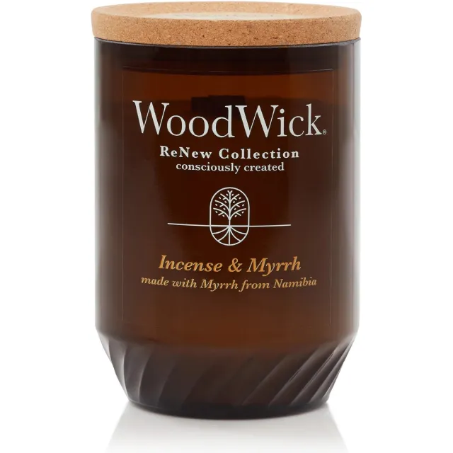 Woodwick ReNew Medium Geurkaars - Incense & Myrrh - 55 branduren Bruin