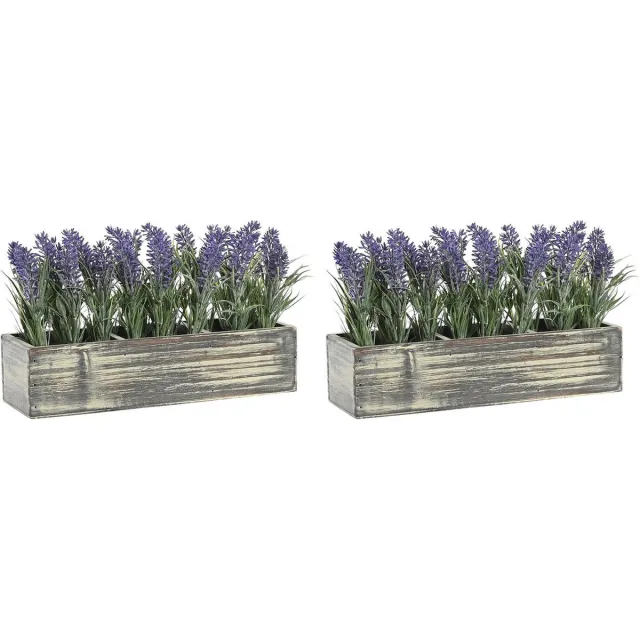Item International Items Lavendel bloemen kunstplant in bloembak - 2x - paarse bloemen - 34 x 14 x 19 cm - bloemstukje
