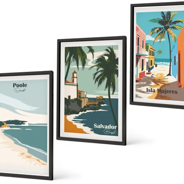 Coloray 3-Delige Schilderij Set - Tropische Landschappen Met Stranden En Palmbomen - 40 x 60 cm - Wanddecoratie - Schilderijen Set - Kantoor - Stijlvolle Muurdecoratie Zwarte lijst