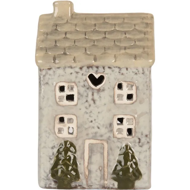 Clayre & Eef Waxinelichthouder Huis 9x8x15 cm Grijs Keramiek