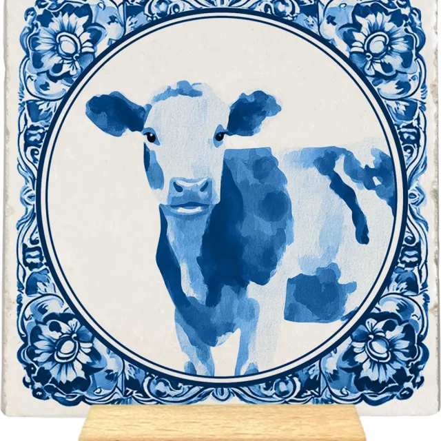 Artige Decoratie tegel - Delfts blauwe koe - natuursteen - 10x10 cm - inclusief houder