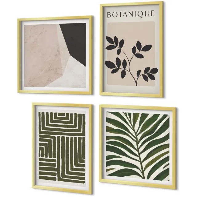 Coloray 4-Delige Schilderij Set - Botanische composities in boho-minimalistische stijl - 40 x 40 cm en 40 x 60 cm - Muurdecoratie - Schilderijen Set - Woonkamer - Moderne Wanddecoratie Gouden lijst