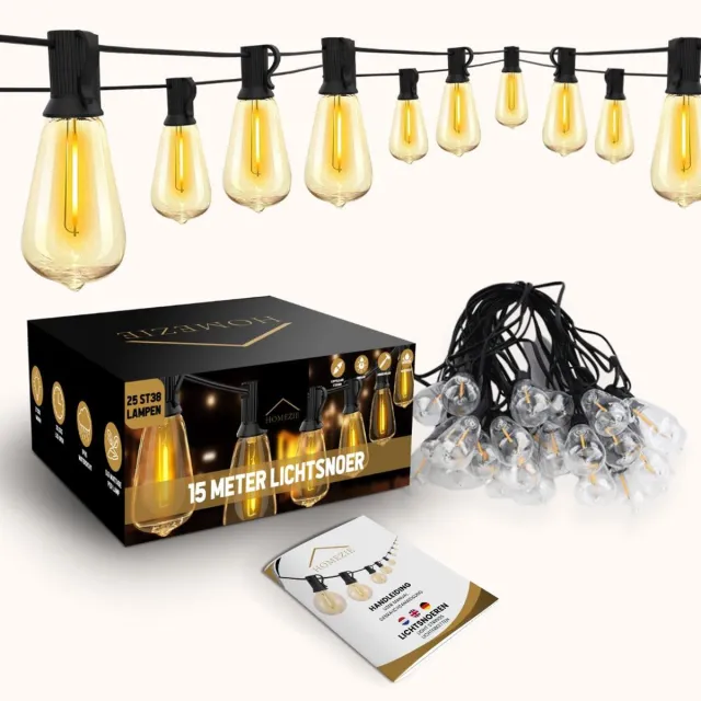 Homezie Lichtsnoer 15 meter met 25 grote LED bulbs | Inclusief dimmer | Warm wit | Koppelbaar & Dimbaar