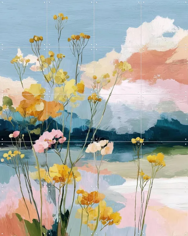 IXXI Pastel Botanical Shore, Branka Kodžoman - 80 x 100 cm - Grote wanddecoratie en posters - Kwaststreken, Fantasierijk, Modern, Speels, Abstract Blauw / Geel / Roze