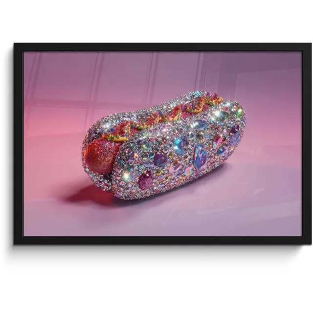 FrameYourWall Poster in lijst - Fotolijst 60x40 cm - Posters - Hotdog - Steentjes - Glitters - Paars - Posterlijst zwart - Decoratie - Wanddecoratie woonkamer - Muurdecoratie slaapkamer