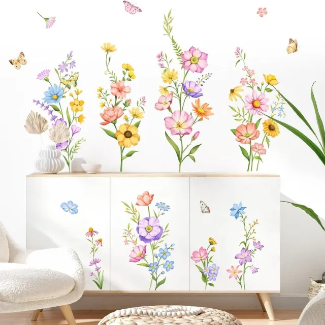 CSGoods Lente bloemen muurstickers voor slaapkamer kantoren tv achtergrond muur, tuin kleurrijke bloemen, doe-het-zelf Peel and Stick muursticker, zelfklevende muurkunst Any