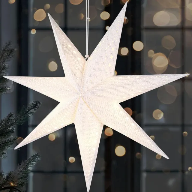 Brubaker 3D Kerstster om op te Hangen - LED Papieren Ster met Timer - 60 cm Adventster met Modern Patroon - Werkt op Batterijen en Verlicht - Kerstdecoratie Lichtster voor Venster - Wit Wit Sterren+ Patroon