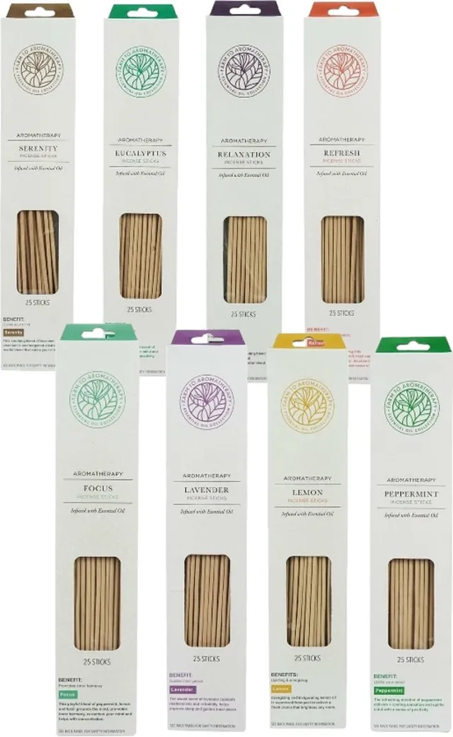 Farm to Aromatherpy Wierook Aromatherapy - assortiment met 200 etherische wierookstokjes 8 heerlijke geuren - 8 x 25 stuks multikleur