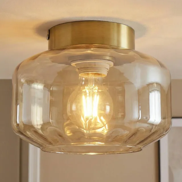 Lindby plafondlamp - 1licht - Glas, ijzer - H: 15.3 cm - E27 - amber, messing