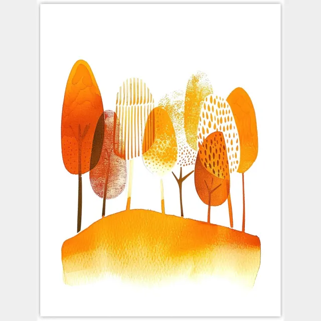 Unyqoos Grote abstracte muurposter van herfstbomen in warme oranje tinten, oranje-wit