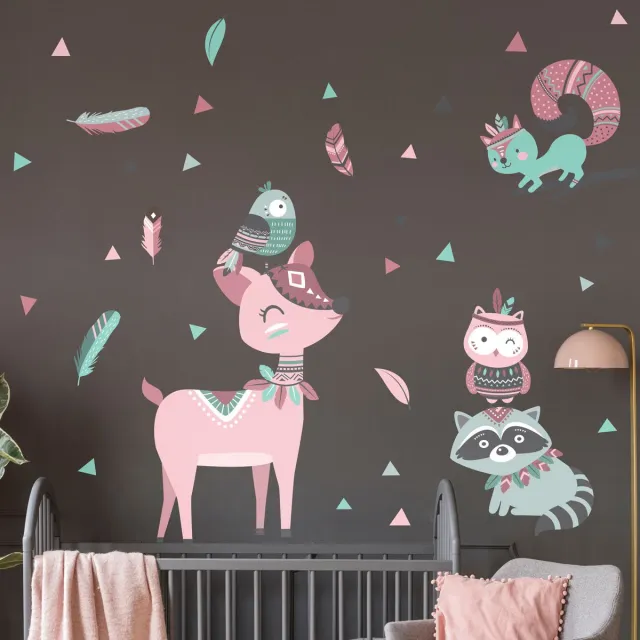 Ambiance Sticker Muurstickers - Dieren en Indiase veren - Zelfklevende stickers - 135x100cm Multi color