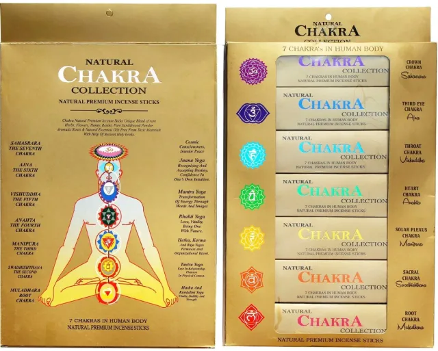 GJ BOON Natuurlijke wierookstokjes, Chakra-collectie, geschenkdoos, wierookstokjes, handgerold, 7 chakra's met Kajal Sticker