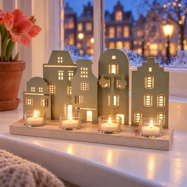 Cheqo Theelichthouder Huisjes Saliegroen - Waxinelichthouder voor 4 Theelichtjes - Grachtenpanden - Lichthuisjes - Kaarsenhouder - Hollandse Huisjes Decoratie - Sfeerdecoratie - Tafeldecoratie - Vensterbank Decoratie - Woondecoratie