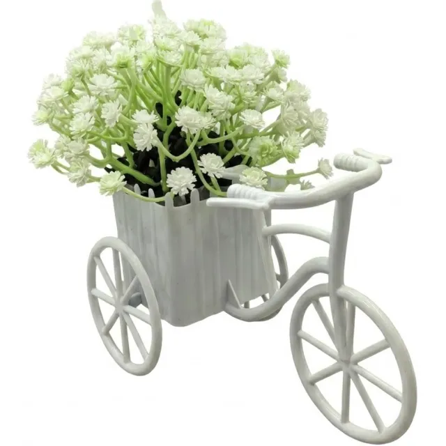 NUVEX Wit groen kunstbloemen mini fiets bloempot decoratie kunstplant in fiets mandje voor interieur bureau en tafel decoratie