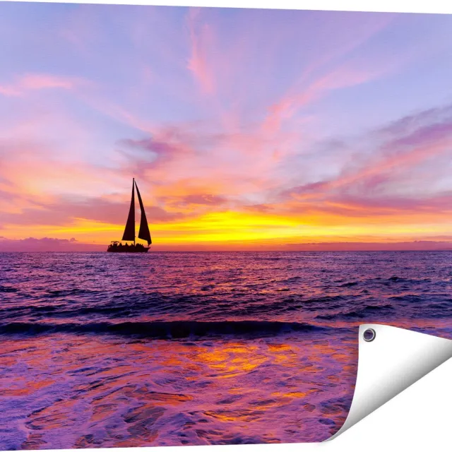 Gards Tuinposter Zeilboot Silhouet bij Zonsondergang - 80x60 cm - Tuindoek - Tuindecoratie - Wanddecoratie buiten - Tuinschilderij Multikleur