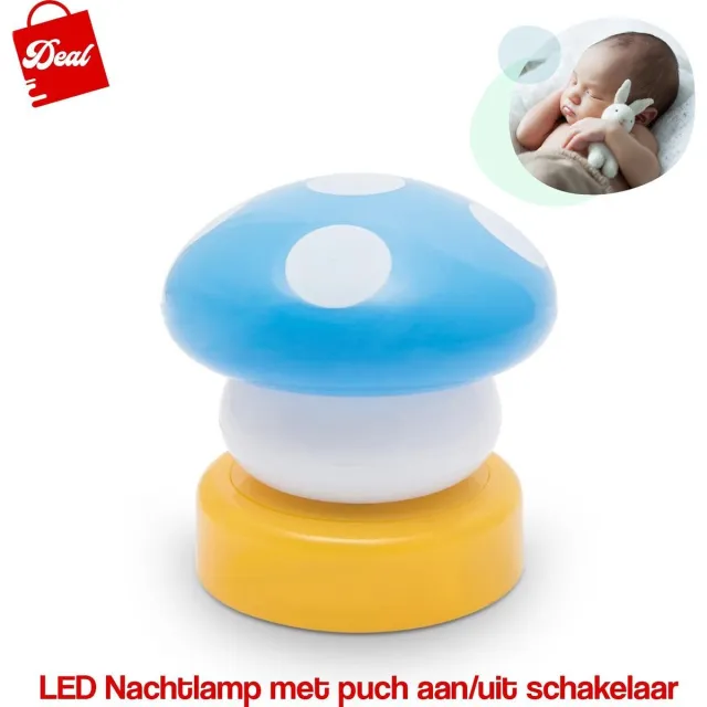 Deal LED Nachtlamp Met Push Aan & Uit Schakelaar - Blauw Paddenstoeltje Blauw, Wit & Geel