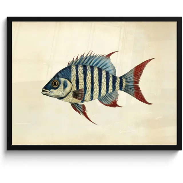 FrameYourWall Poster in lijst - Fotolijst 70x50 cm - Posters - Gestreept - Donkerblauw - Rugvin - Vis - Posterlijst zwart - Decoratie - Wanddecoratie woonkamer - Muurdecoratie slaapkamer Vis - Rugvin
