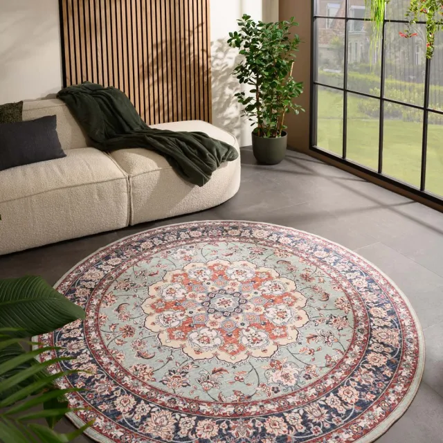 Heritaged Rond vintage buitenkleed - Valenca Nova saliegroen/rood 160