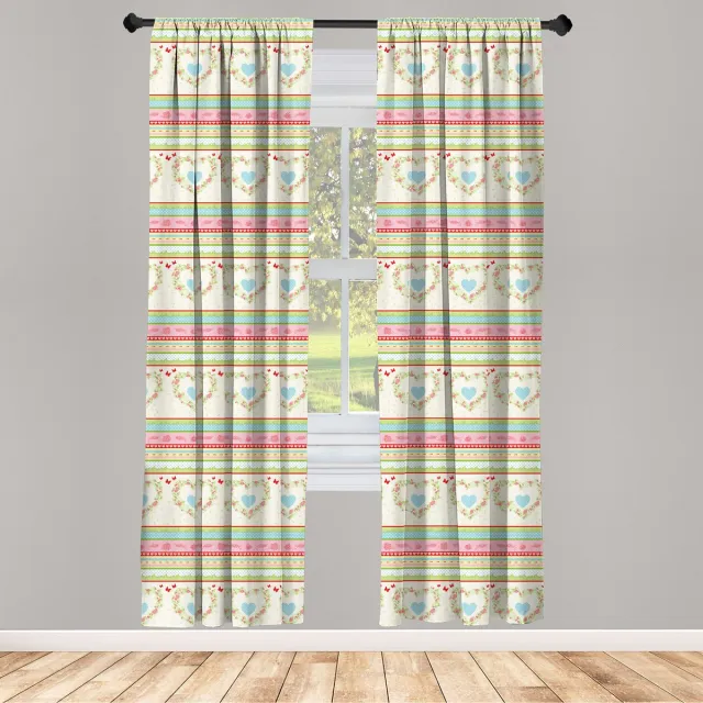 ABAKUHAUS Raamgordijnen – Shabby Chic Country Rose – 2x75x245 cm Eierschaal Roze Groen Blauw