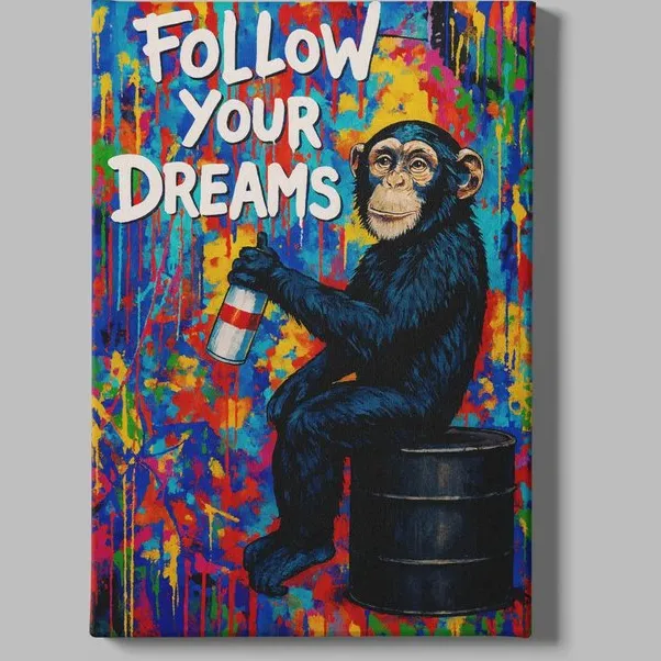 Trendex Global Canvas Schilderij - Graffiti - Aap- Follow Your - Dreams - 120x80x2 cm Bruin