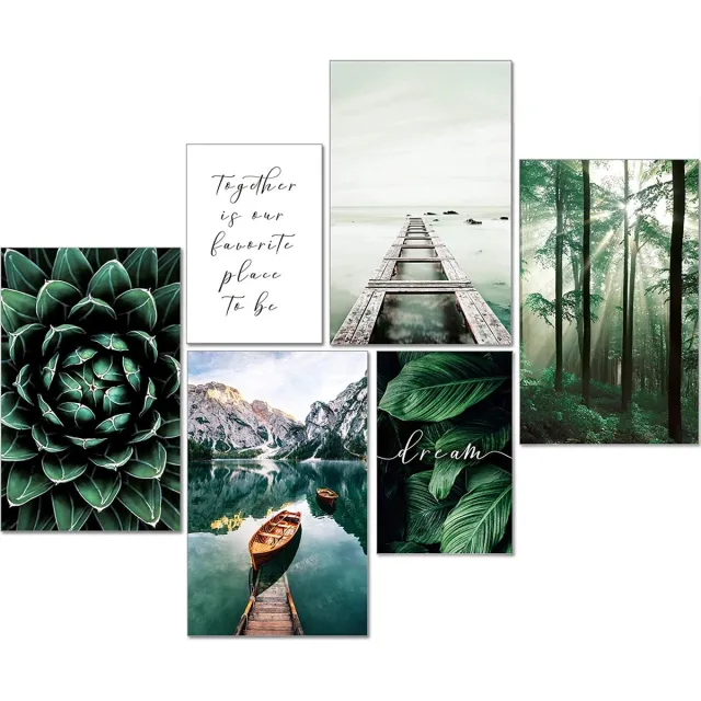 Artpin Moderne posterset, natuurfoto's, woonkamerdecoratie, slaapkamer, wanddecoratie zonder fotolijst, collageen, boshout, groen, 4x A3, 2x A4 - W8