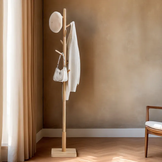 MAZAZU Kapstok - 8 haken - Natuurlijk beige - 30x30x175 Eiken