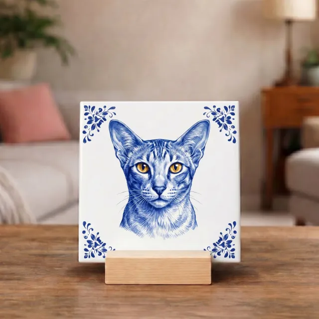 Bedruk King Delftsblauw Tegeltje 11x11 Oosterse Korthaar Kat – Cadeau voor Kattenliefhebber Oosterse Korthaar Kat1