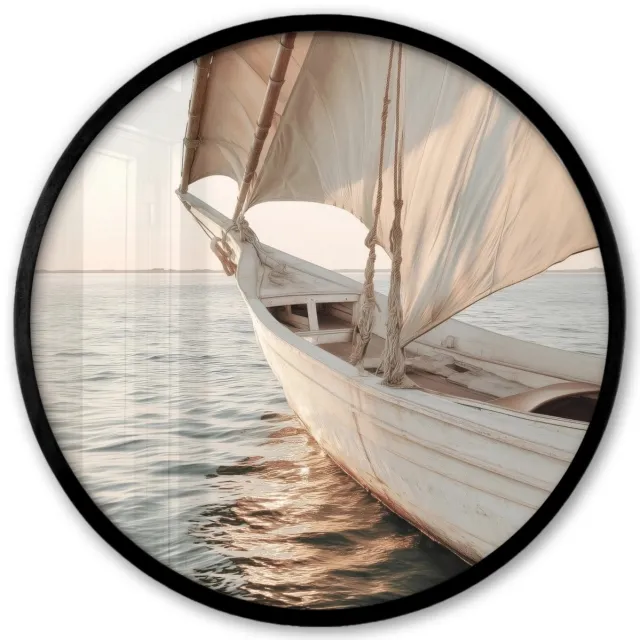FrameYourWall Poster in lijst Rond - Fotolijst 40x40 cm - Posters - Zeilboot - Zee - Beige - Zon - Ronde posterlijst zwart - Decoratie - Wanddecoratie woonkamer - Muurdecoratie slaapkamer Zeilboot - Zon - Zee
