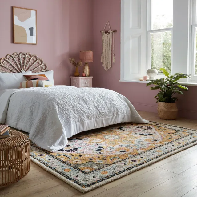 flycarpets Dahlia Vintage Laagpolig - 100% Wol - Vloerkleed - Geel - 200x290 cm