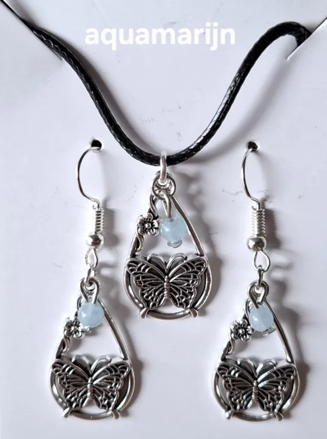 mineraalsteen Set "Aquamarijn" Waterdruppel / Vlinder Ketting / Oorbellen blauw