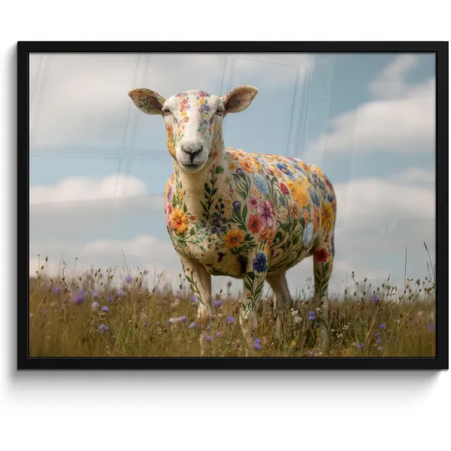 FrameYourWall Poster in lijst - Fotolijst 70x50 cm - Posters - Schaap - Bloemen - Weide - Posterlijst zwart - Decoratie - Wanddecoratie woonkamer - Muurdecoratie slaapkamer