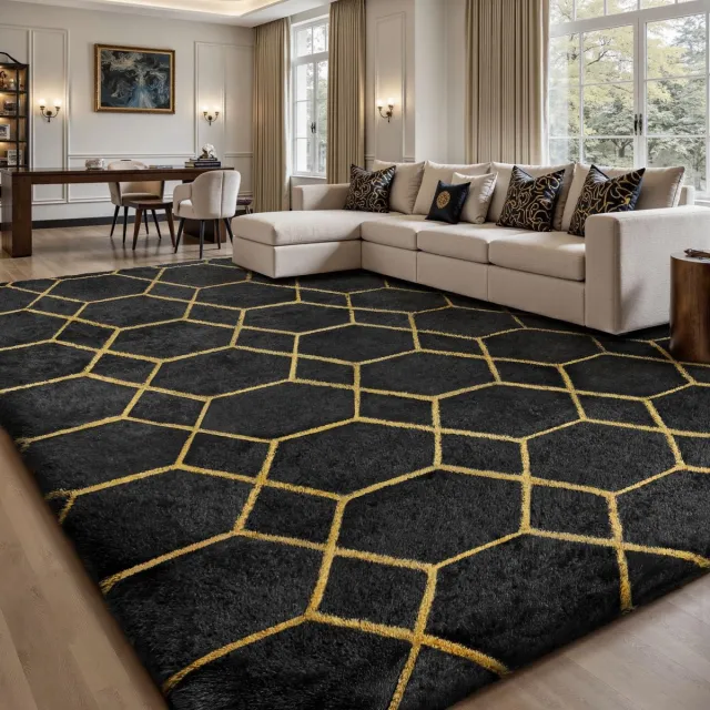 Unyqoos Grijs hoogpolig vloerkleed met geometrisch patroon voor woonkamer en slaapkamer Zwart