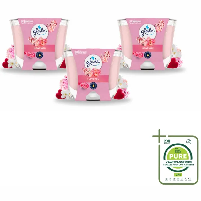 Glade 3 x Glade - Geurkaars I Love You - 100% Raapzaadwas - 204 g - Grootverpakking - Vaatwasstrips - Geurkaars - Romantische Geur - Bloemen Geur - Perzik Geur - Meloen Geur roze