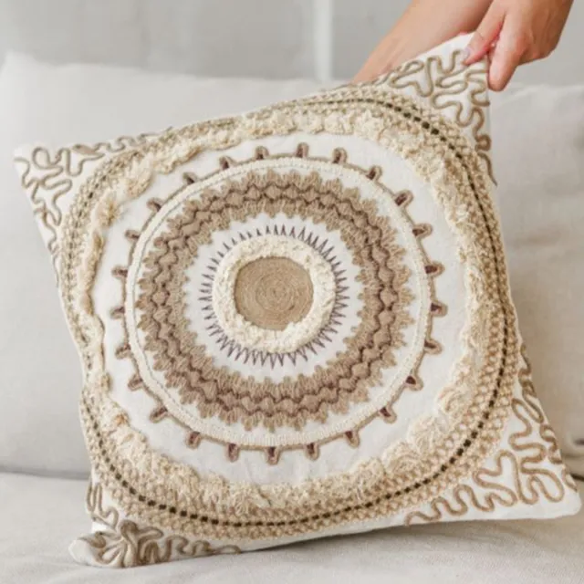 The Four Pursuits TFP Artisanal Embellished Cushion Cover - Sierkussenhoes | Saira - 45 x 45 cm - 100% Organic Cotton (GOTS Certified), Jute - Handmade in India - natural white, Beige, Brown