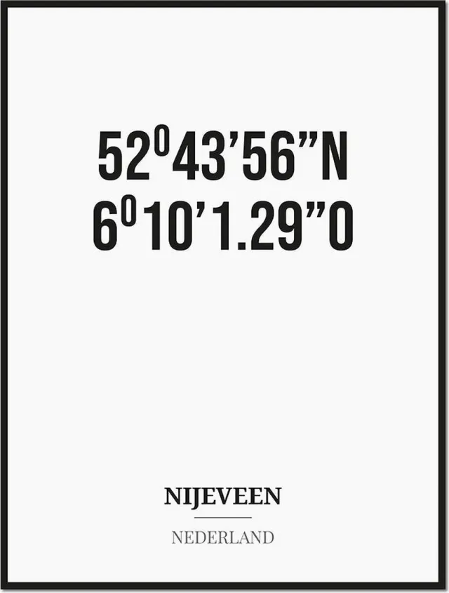 Studio216 Poster/kaart NIJEVEEN met coördinaten zwart, wit