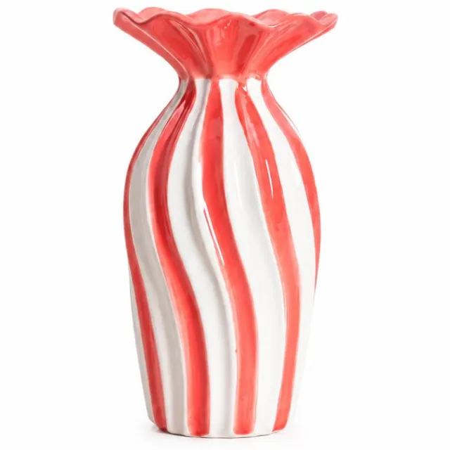Homla Vaas - Bloemenvaas - Keramische Vaas met Geribbelde Rand - Decoratieve Bloemenvaas - Moderne Vaas voor Verse Bloemen en Droogbloemen - 13.5 x 13.5 x 25.5 cm - Wit & Koraalroze