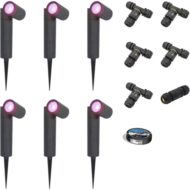 HOFTRONIC SMART Set van 6 Pinero - Smart LED Prikspot - IP65 - 5,5W 400lm - RGBWW - GU10 - Wifi + Bluetooth - IP65 - Bestuurbaar via app - Google Home, Amazon Alexa en Siri - Zwart - Tuinspots - Inclusief installatiemateriaal (Kabel & connector)
