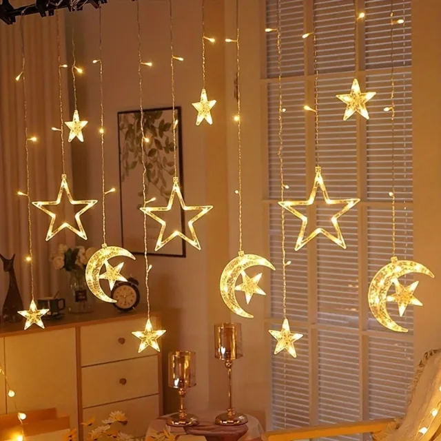 Flintry Gordijnverlichting met maan en sterren – 3,5 m, 120 LED's, werkt op USB en batterijen (niet inbegrepen), 8 lichtstanden, IP65-waterdicht, sfeerverlichting voor Kerstmis, Ramadan, bruiloften en verjaardagen.