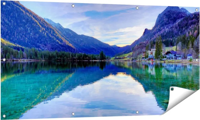 Gards Tuinposter Meer met Weerkaatsing in de Bergen - 140x70 cm - Tuindoek - Tuindecoratie - Wanddecoratie buiten - Tuinschilderij Multikleur