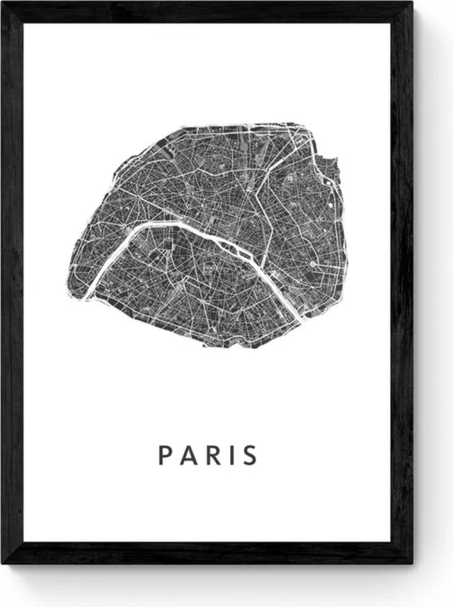 Kunst in Kaart Paris - Ingelijste Stadskaart Poster Zwart, Wit