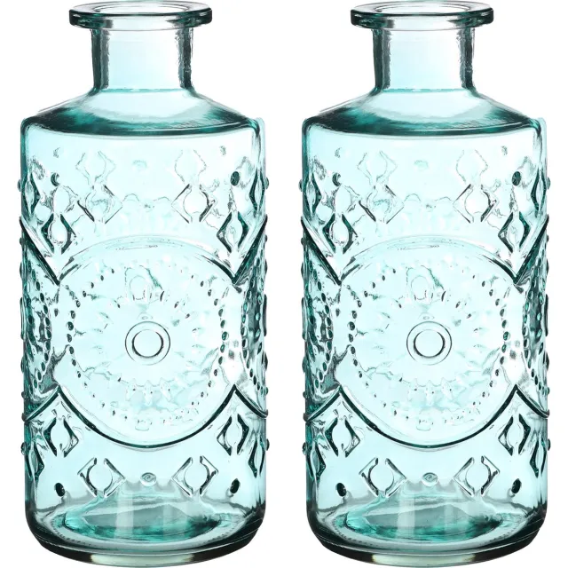 Ideas 4 Seasons Ideas4seasons Bloemenvaas/flesvaas Berlin - 2x - met motief - helder glas - lichtblauw - D9 x H21 cm