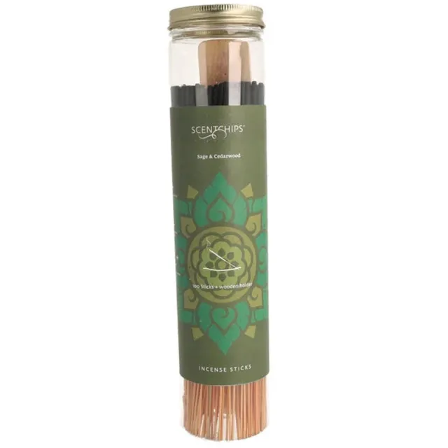 Scentchips Wierookstokjes Sage & Cedarwood – 100 Sticks met Wierookhouder – Salie & Cederhout Groen