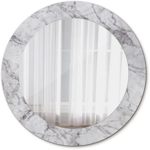 TULUP Spiegel - Ronde vorm Spiegel - op gehard Glas - Wit marmer - Diameter: 60 cm - Spiegel met decoratief motief - Inloopkastspiegel – Badkamerspiegel - Toiletspiegel - Grijze - Wanddecoratie Spiegel - Make-up Spiegel - Spiegelmontageset Grijs Wit marmer
