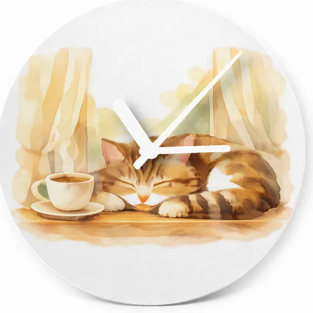 Mr Cadeautjes Glazen klok Ø 20 - design Een slapende kat op een vensterbank met een kopje thee en za | cadeau Wit