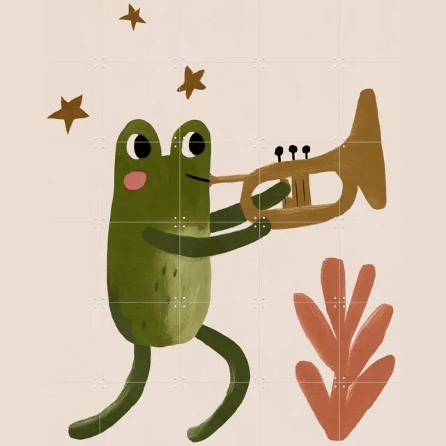 IXXI Frog and Trumpet, Treechild & Various - 100 x 140 cm - Grote wanddecoratie en posters - Kleurrijk, Speels, Fantasierijk, Geometrische Kunst Groen