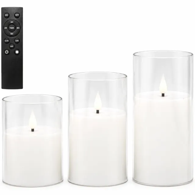SWGOTA led kaarsen, 3 stuks per doos, transparante cilinders met druppelvormige vlam en grote afstandsbediening