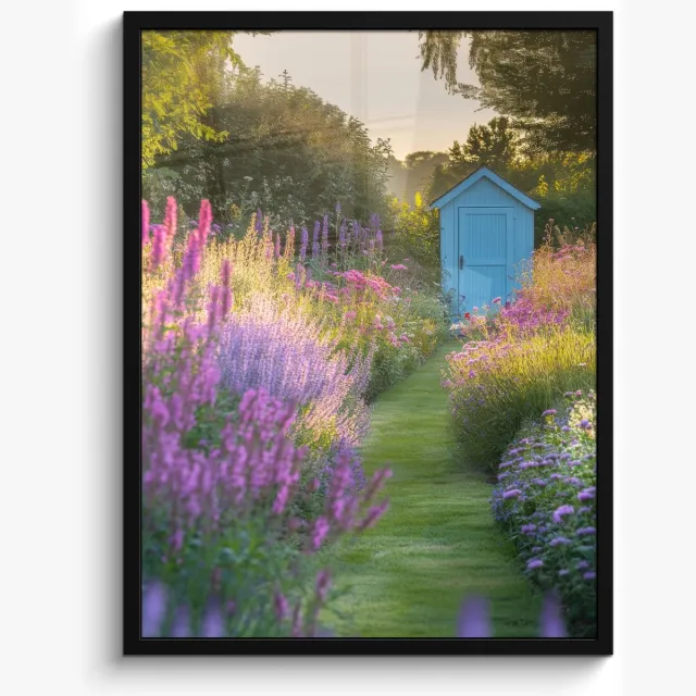 FrameYourWall Poster in lijst - Fotolijst 50x70 cm - Posters - Tuinhuisje - Blauw - Bloemen - Posterlijst zwart - Decoratie - Wanddecoratie woonkamer - Muurdecoratie slaapkamer Lavendel - Tuin